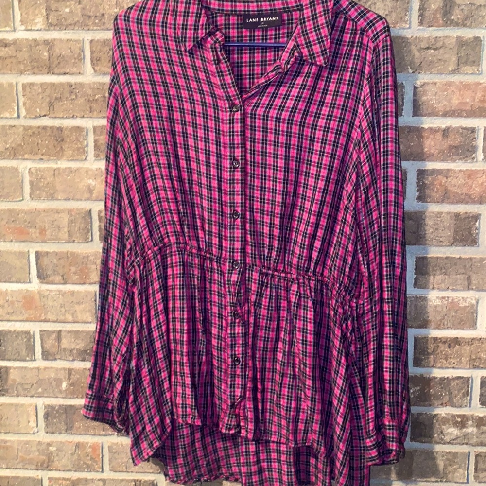 Lane Bryant Pink and Black Plaid Button-Down Top